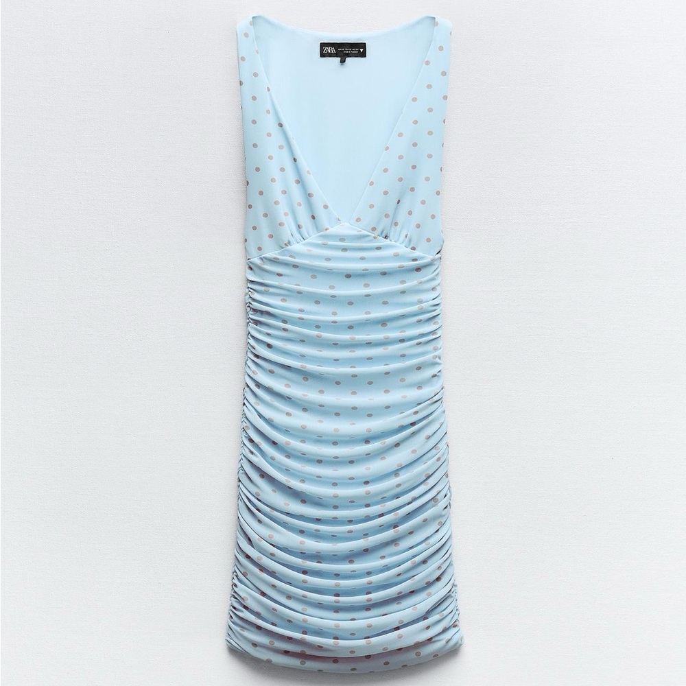 Zara Light Blue Ruched Polka Dot Dress